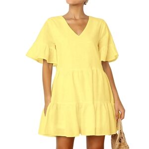 FANCYINN Tiered Babydoll Shift Dress OVERSIZED Small Yellow Pockets V-Neck Lined